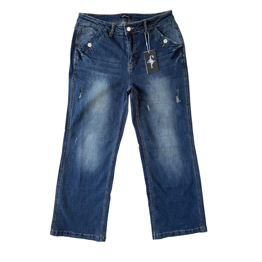 Flamingals Distressed Wide Leg Jeans Womens Large NWT Wash Stretch Denim